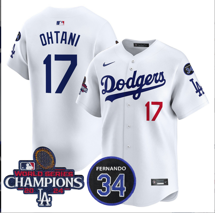 Men MLB Los Angeles Dodgers 17 Ohtani white 2024 World Series Champions Patch Limited Jersey